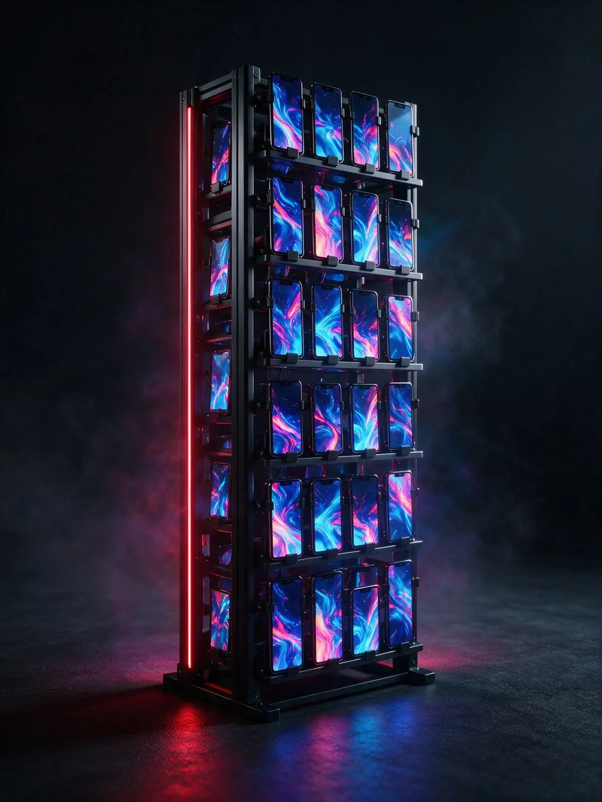 A rack of physical iPhones, each held in its own dock.