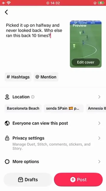Pantalla de publicación de TikTok en un iPhone de 0bull, con Borradores junto a Publicar